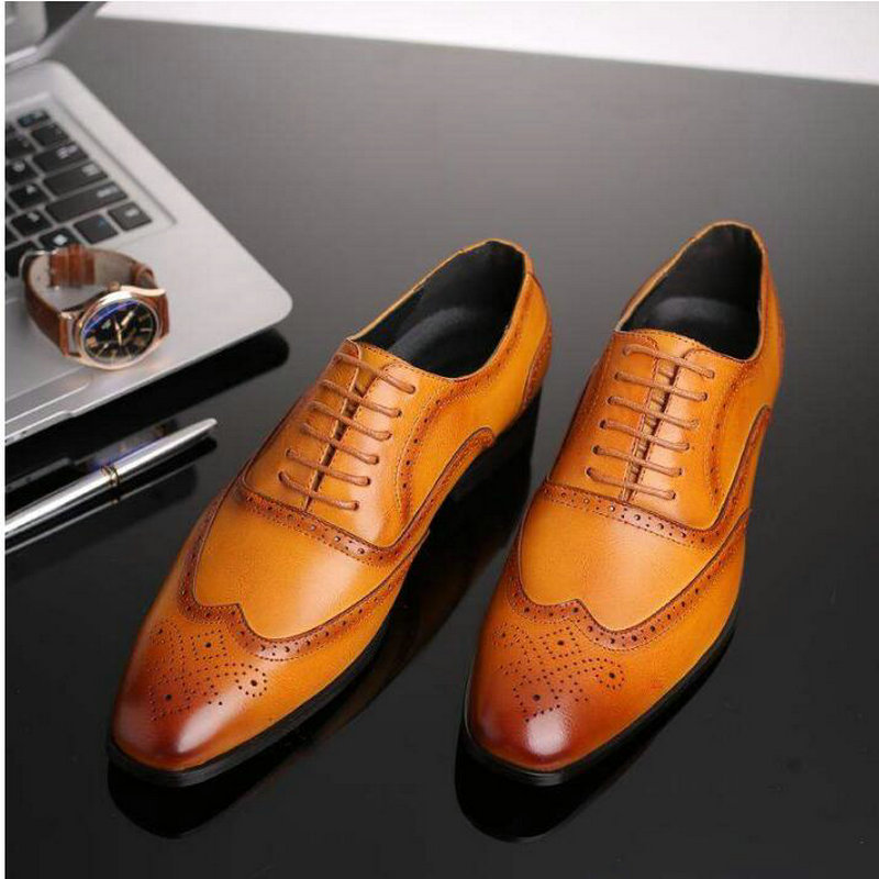

Fashion Pointed Toe Lace Up Men's Business Casual Shoes Brown Black Leather Oxfords Shoes Mens Dress Big Size A51-98