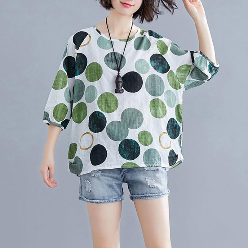 

Dot Women shirt Summer Blouse Fashion Print Shirt O-Neck Printed Shirts Top Ladies Clothing bluzki damskie tops mujer verano, Green