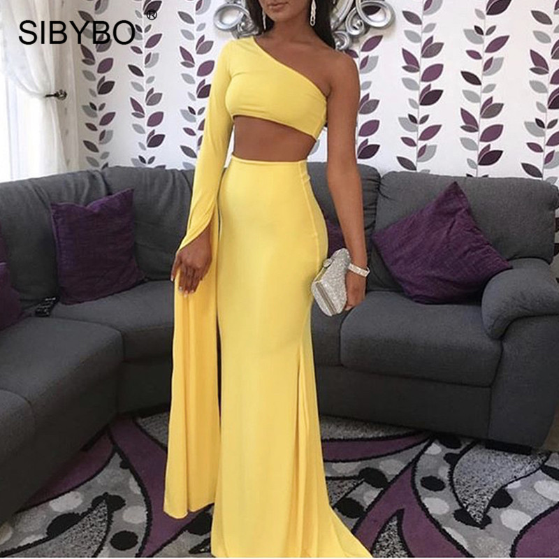 

Off One Shoulder Split Sleeve Autumn Maxi Dress Fashion Long Sleeve Sexy Bodycon Dress Backless Club Long Party, Black