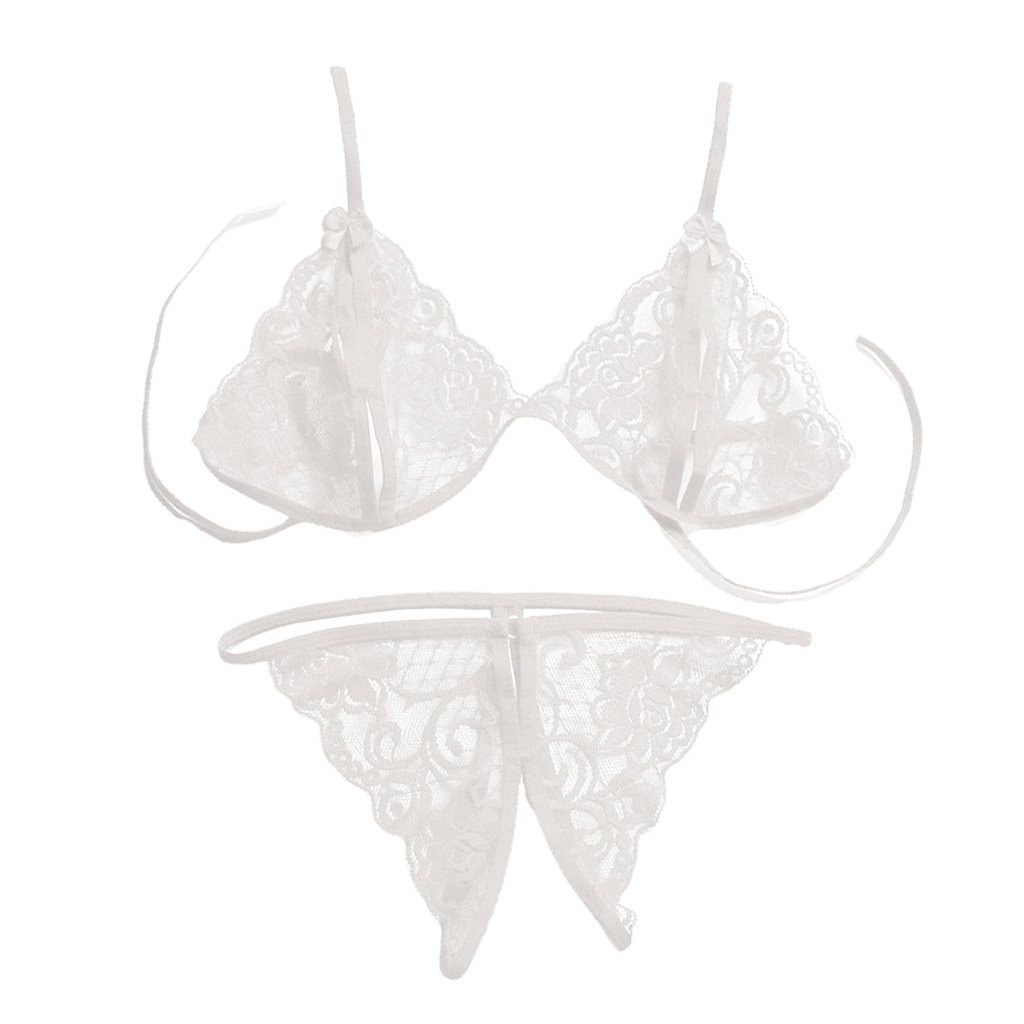 

2 Pieces Floral Lace Underwear Bra And Open Crotch Thong Evening Dress For Women