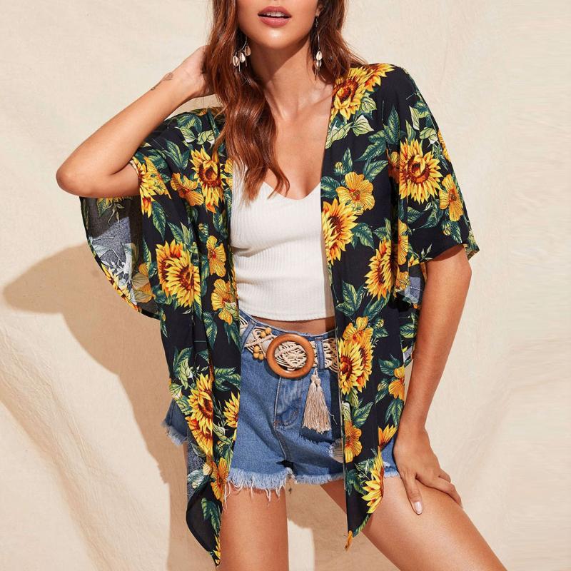 

Fashion Bikini Women Tunic Flower Print Chiffon Beach Dress Cardigan Blouse Shawl Tops Swimsuit Pareo Outwear Swimwear Smock 2XL, Black