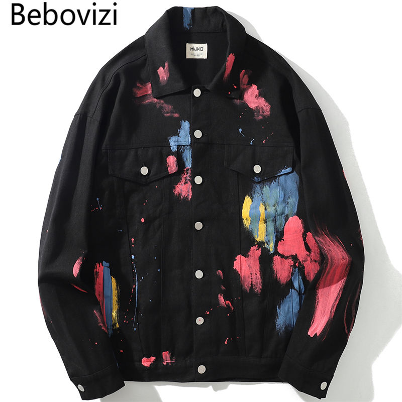 

Bebovizi 2019 Hip Hop Men Paint Splash Denim Jacket Graffiti Coats Streetwear Fashion Man Black White Jacket Hipster Outwear