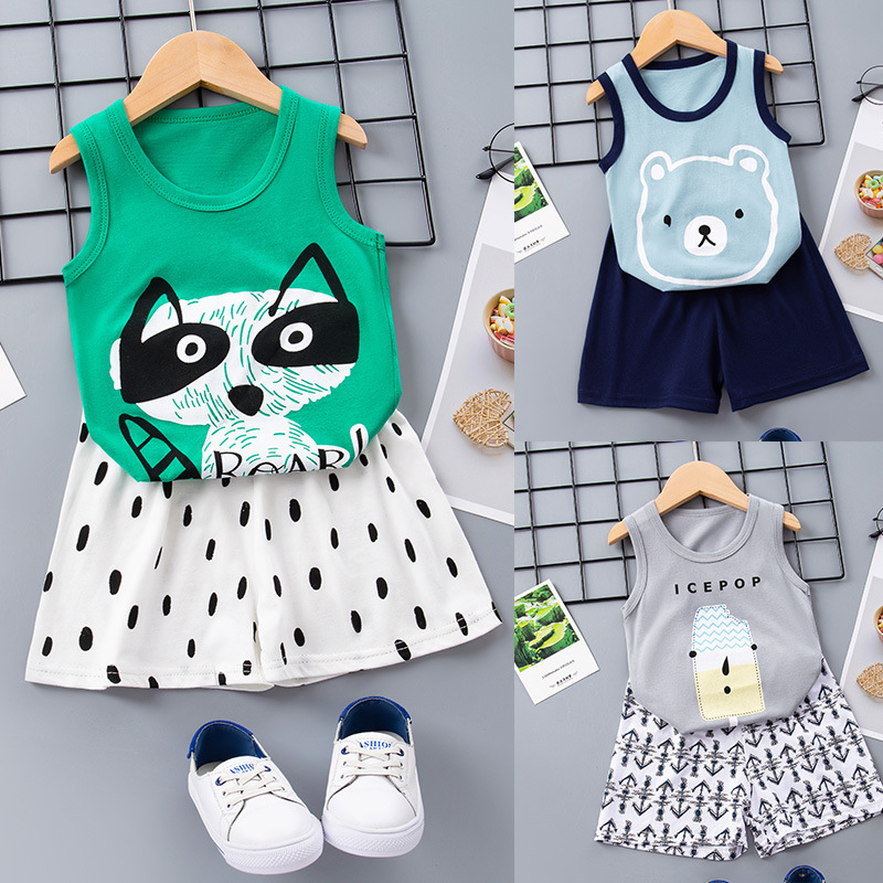 

Baby Boy Clothing Set Cute Cotton Summer Sleeveless Vest T-Shirt Cartoon Children Boys Girls Clothes Shorts Suit For Kids Outfit, Green dog