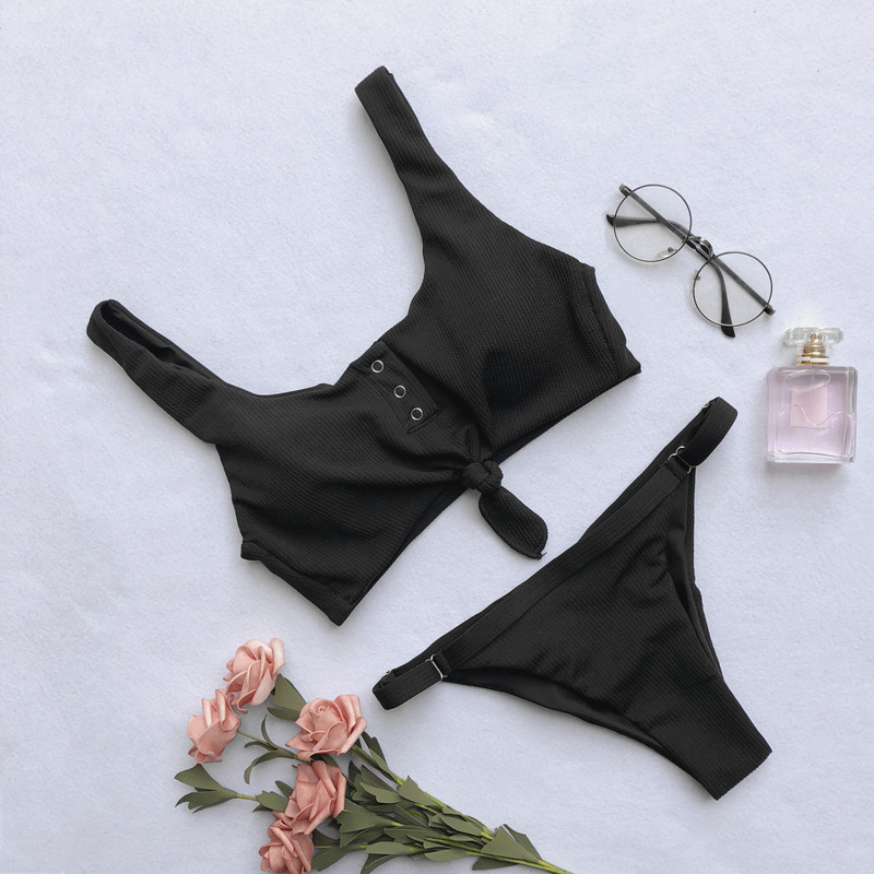 Côtelé cravate avant noeud Bikini brésilien Biquini Push Up maillot de bain deux pièces maillots de bain 2019 été recadrée haut maillot de bain s