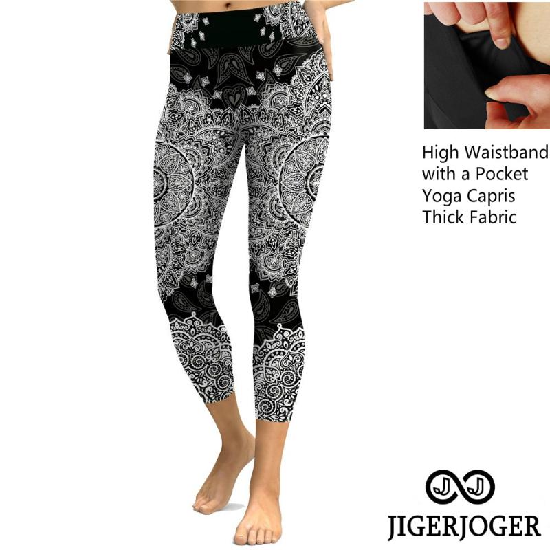 

JIGERJOGER Black white mandala Yoga Capris Shorts 2020 summer High waistband a pocket Legging Gym Shorts 7/8 compression tights, Chl12