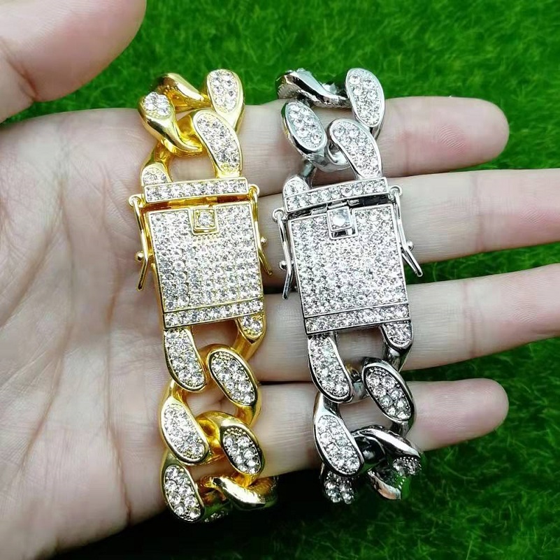 

20cm 2cm iced out chains bracelets for men luxury designer bling diamond link chain bracelet gold silver alloy rhinestone hip hop jewelry