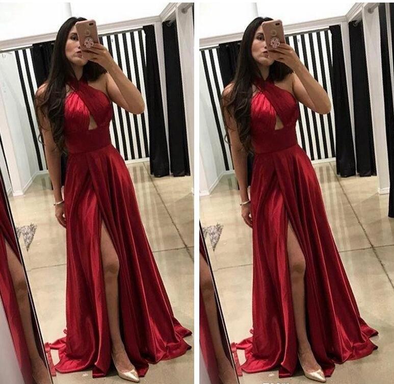

Halter Dark Red A-Line sexy Prom Dresses 2018 Cheap Evening Gowns ruched high side Slit chiffon Vestidos De Fiesta Party Wear floor length