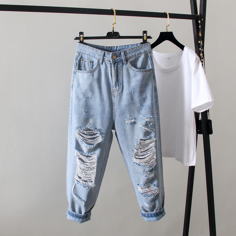 

Large Size Jeans Female Casual Loose Ripped Jeans For Women Denim Pants Streetwear Mom Trousers Women Clothes -4XL Q2596, Blue denim jeans