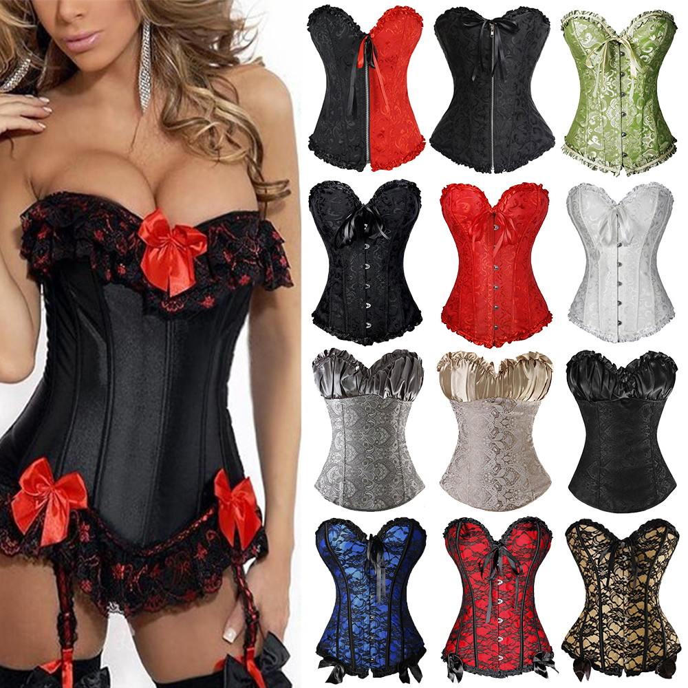 

Women Steampunk Gothic Waist Trainer Corset Red Bow Satin Lace Up Corset Dress Waist Cinchers Sexy Lingerie Corsets And Bustiers Y19070201, 808 satin black