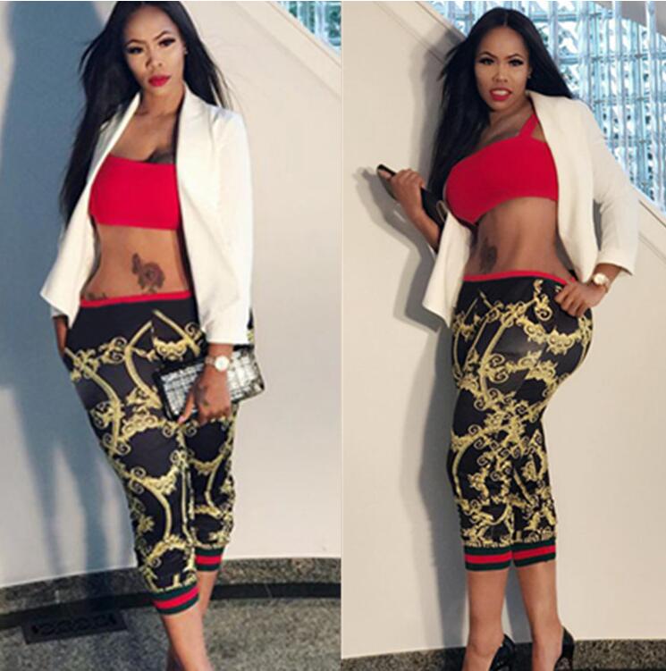 

Hot Fashion Sexy Printed gold chain webbing cropped Stripe splicing Leggings, Black