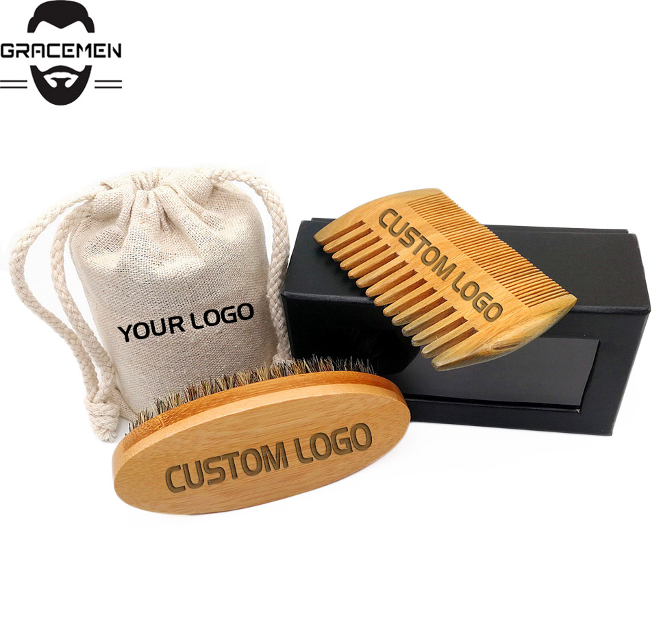 

MOQ 50pcs OEM Customized LOGO Hair Beard Kits Set for Men's Grooming Bamboo Brush & Sandalwood Beards Comb Gift Box Bag with Custom Name