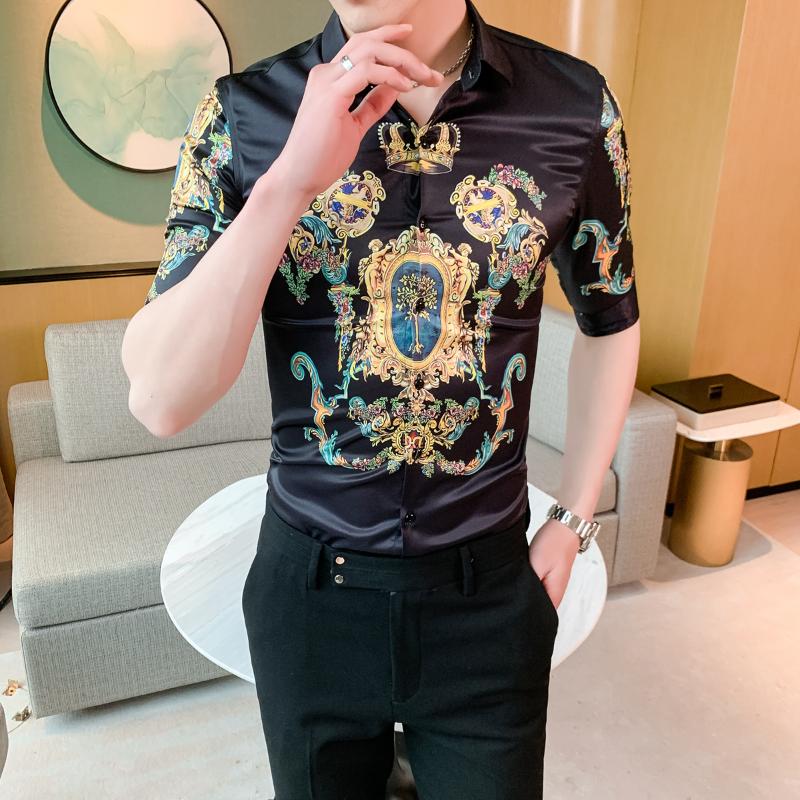 

2020 Summer Half Sleeve Crown Print Dress Shirts Streetwear Social Casual Slim Shirt Camisa Masculina Baroque Shirt Men, Black