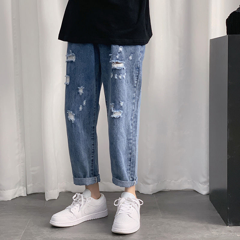 

Ripped Straight Jeans Men's Fashion Washed Retro Casual Blue Hole Jeans Men Streetwear Wild Loose Hip Hop Denim Pants Mens