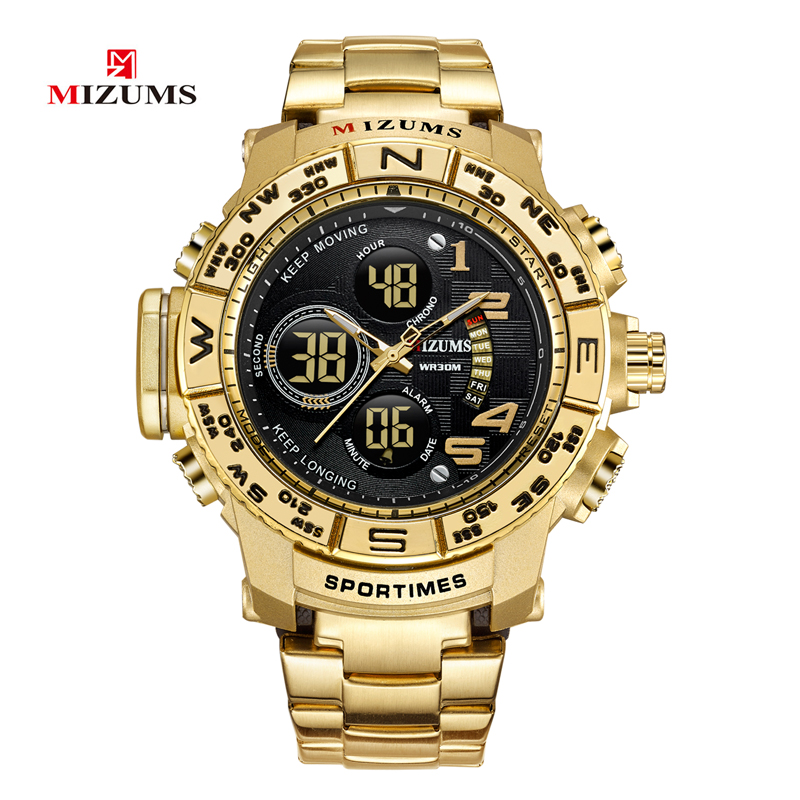 

Mizums Brand Quartz Watch Men's Sport Watches Men stainless Steel Band Military Clock Waterproof Gold LED Digital Watch Relogio Masculino