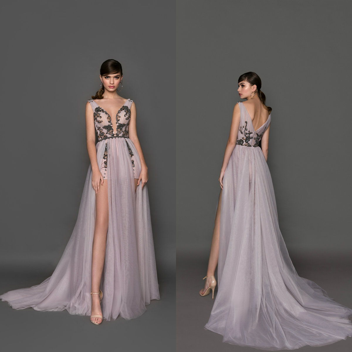 

2019 A Line Berta Evening Dresses Side Split Sweep Train V Neck Sexy Backless Prom Dress Custom Made Formal Party Gowns Beaded, Sage