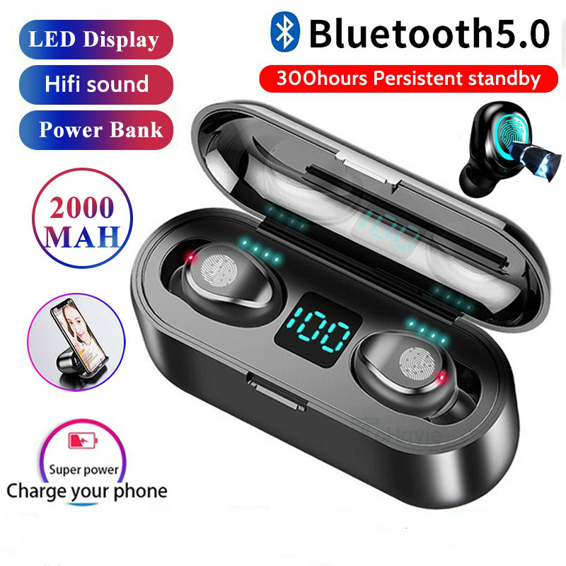 

F9 Wireless Earphone Bluetooth V5.0 TWS Wireless Bluetooth Headphone LED Display With 2000mAh Power Bank Headset With Microphone, Black