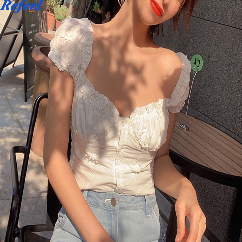 

Casual summer women tops and blouses white short sleeve square collar buttons chic embroidery shirt ladies vestidos, As pic