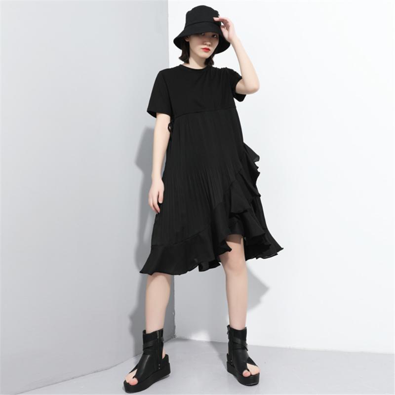 

2020 New Summer Women Midi Irregular Dresses Original Design Female Short-sleeve Street Style Dress Ladies Black Dresses Vestiti