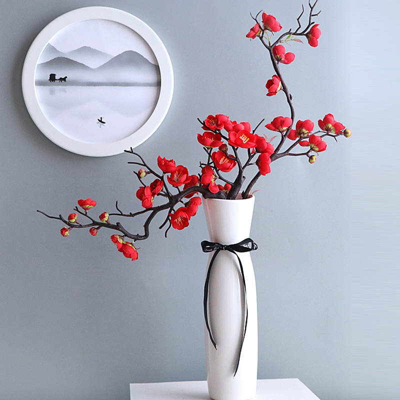 

Red Plum Blossom Silk Flower Branch Artificial Flowers for Home Wedding Decoration Fake Flowers Winter Outdoor Garden Decor, Long-red