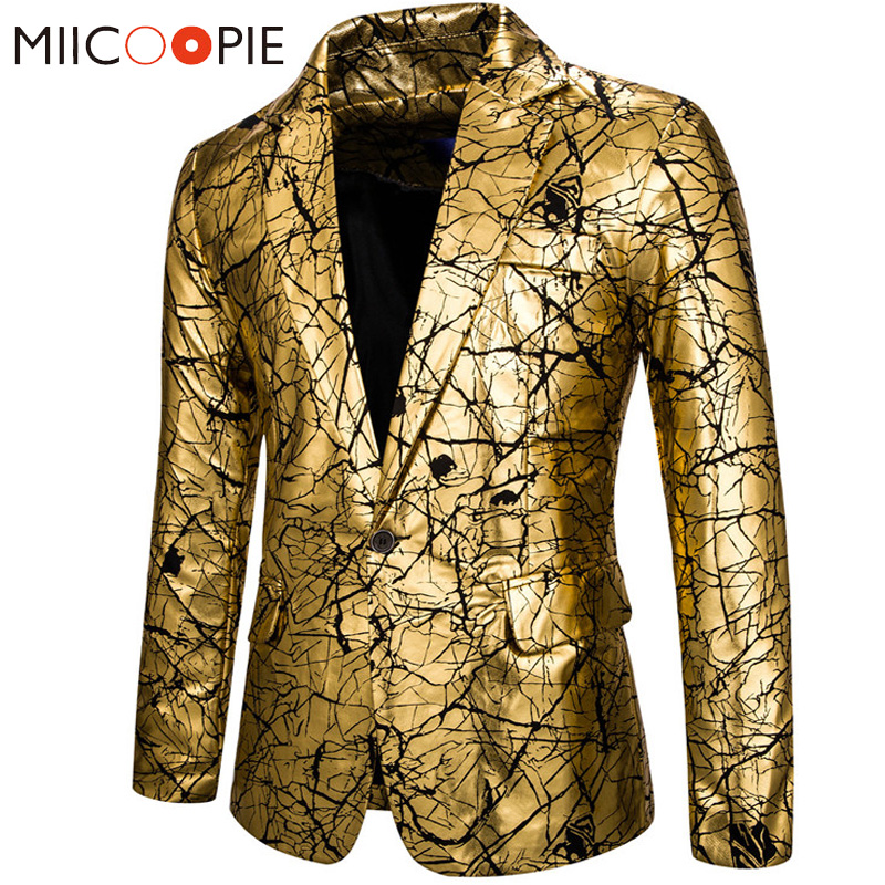 

Nightclub Shiny Gold Suit Men One Button Crack Printed Wedding Party Suit Jacket Stage Singers Clothes Mens Tuxedo Blazer Jacket