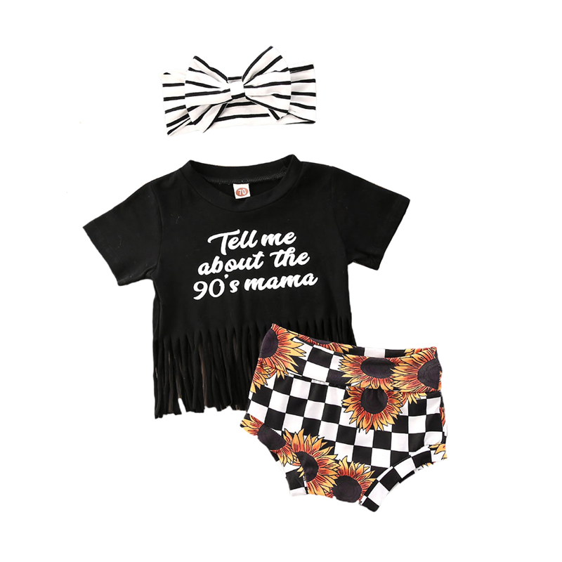 

0-24M Newborn Infant Baby Girls Boys Clothes Sets Letter Print Short Sleeve Tassel T Shirts Tops+Sunflower Shorts Headband, As pic