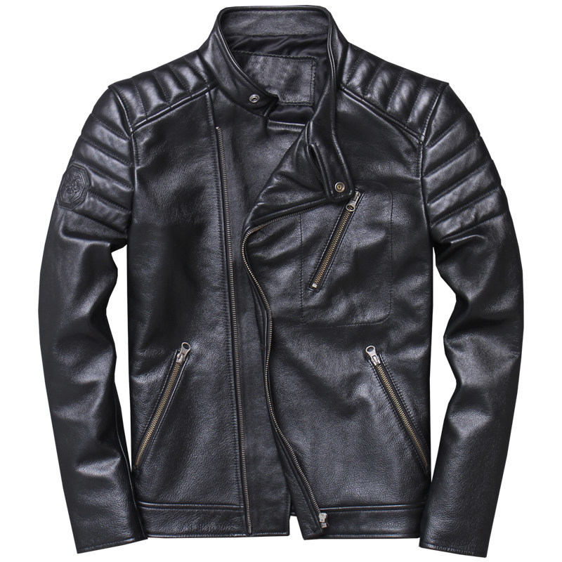 

2020 Black Men Diagonal Zipper Motorcycle Leather Jacket Plus Size XXXXL Genuine Cowhide Spring Short Biker's Coat FREE SHIPPING
