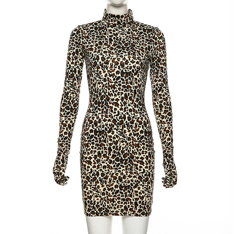 

Februaryfrost Sexy Women Leopard Bodycon Party Dress with Gloves Fashion Slim Long Sleeve Skinny Clubwear Mini Dress