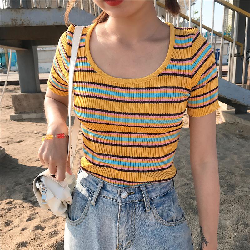 

Girls O-neck Knitted Short Sleeve Stretchy Striped T-shirts Women Contrast Color Knitting Tshirt Slim Tops For Female, Yellow