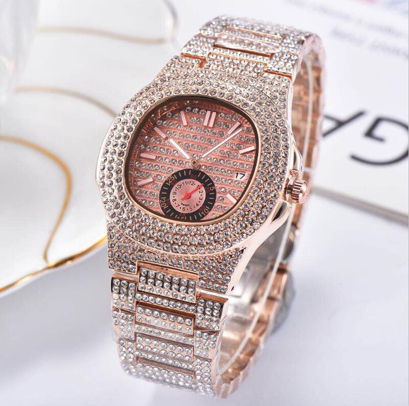 

Mens Watch Quartz Movement Auto date Full Diamond Rose Gold Black Case Strap Male Clock Stainless