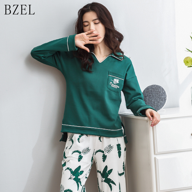 

BZEL Long Sleeve Pyjamas Women Cotton V-neck Ladies Pajama Two Piece Set Indoorwear Homewear Leisure Home Cloth At All Seasons