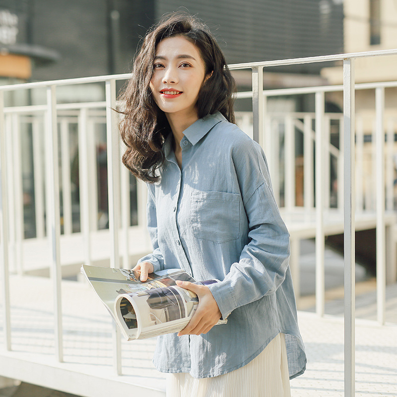 

303-1820 Japan and South Korea Spring Women's Lapel Open Button Solid Color Pocket Long Sleeve Cotton Shirt