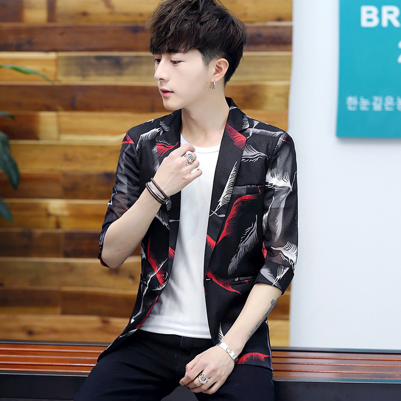 

2020 summer new men' casual suit teenagers personality hollow half sleeve printing perspective suit