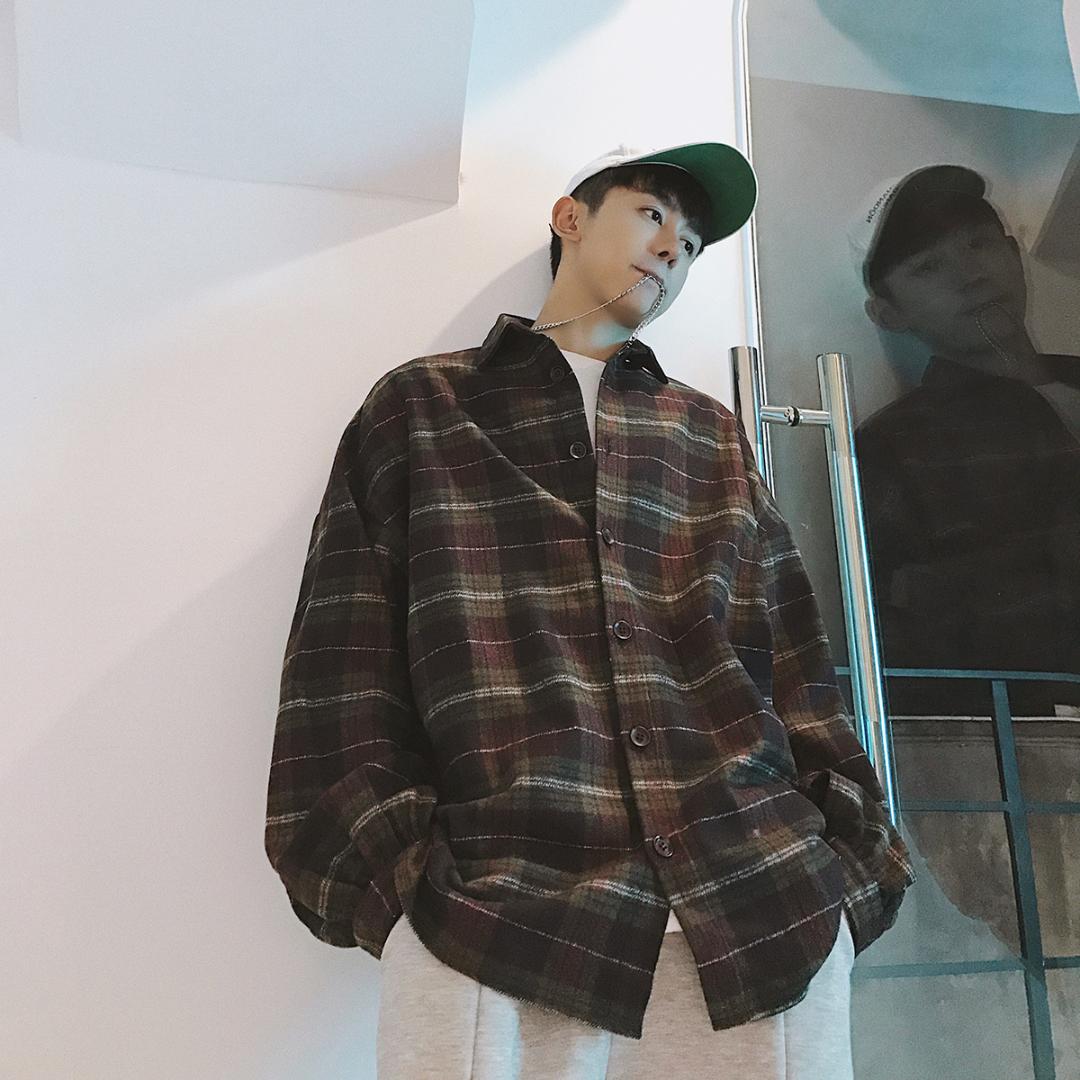 

2018 new fashion brand exquisite Korean style four seasons men's plaid shirt loose large size cotton casual green / red -XL, Green grid