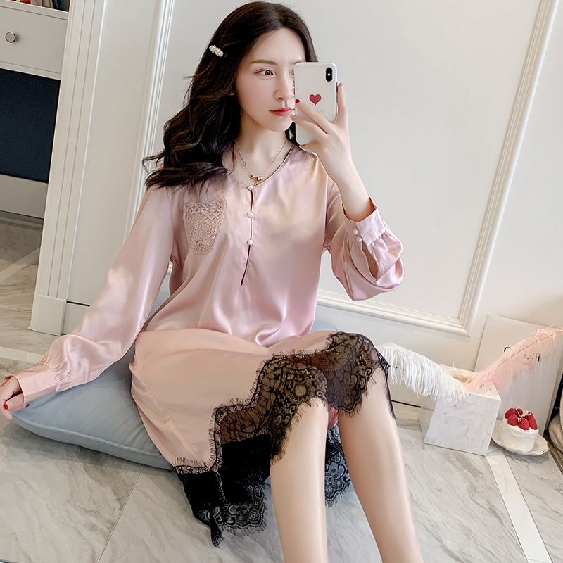 

Silky Satin Women Nightdress Casual Nightwear Intimate Lingerie Loose Sleepwear Lace Patchwork Home Dressing Gown Nightgown, Pink