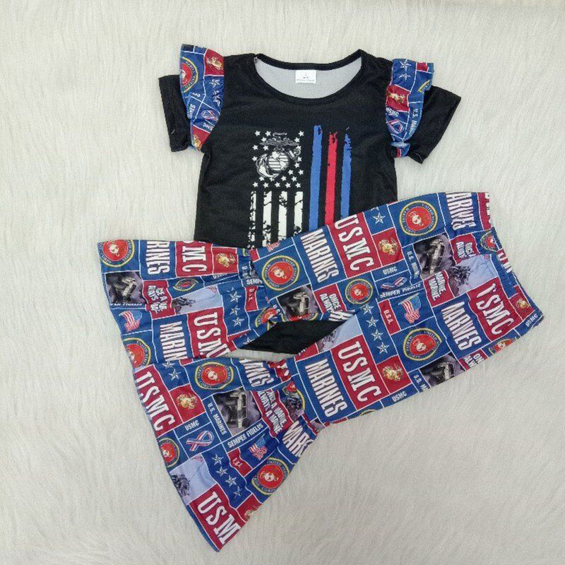 

Baby clothing sets U.S. Marines short sleeve shirt bell bottoms pants fashion girls kids RTS milk silk fabric outfits clothes, Tshirt
