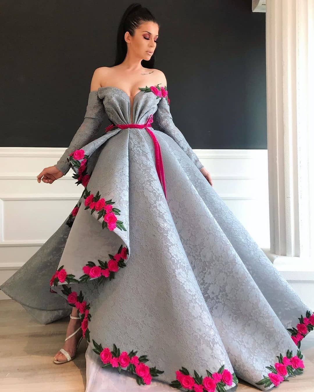 

Fashion Lace Long Sleeves Prom Dresses Off The Shoulder Neck Appliqued Evening Gowns Sweep Train A Line Formal Dress, Orange