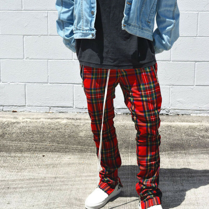 

2019 Fashion Men's Slim Fit Plaid Zipper Pocket Straight Leg Trousers Casual Loose Pencil Jogger Sweatpants, Gray