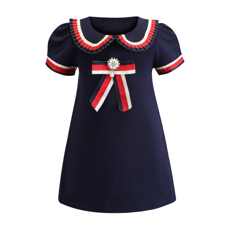 

Retail Baby Girl Dresses 2019 Lapel Short Sleeve College Bowknot Cotton Casual Princess Prom Dress Kids Designer Clothes Children's Clo, A#