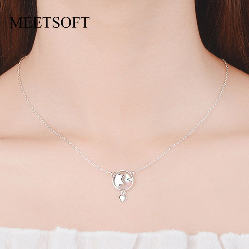 

MEETSOFT 925 Silver Pendant Necklace Minimalist Clavicle Chain Female Small Gradient Moonstone Star Heart Jewerly Gift