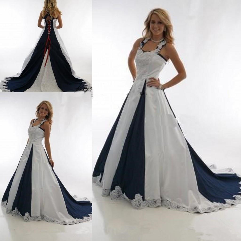 

Vintage Navy Blue and White Country Cheap Wedding Dresses 2019 Halter Lace-up Lace Stain Western Cowgirls Dresses Plus Size Wedding Gowns, Gold