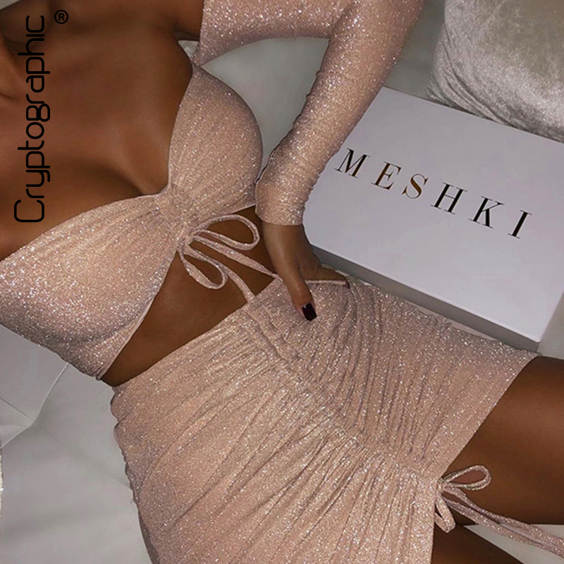 Cryptographique Off Epault Glitter Manches longue Manches Sexy Crop Tops et jupes 2 pièces Ensemble de cordon à cordon Ruché Corded Settings Club