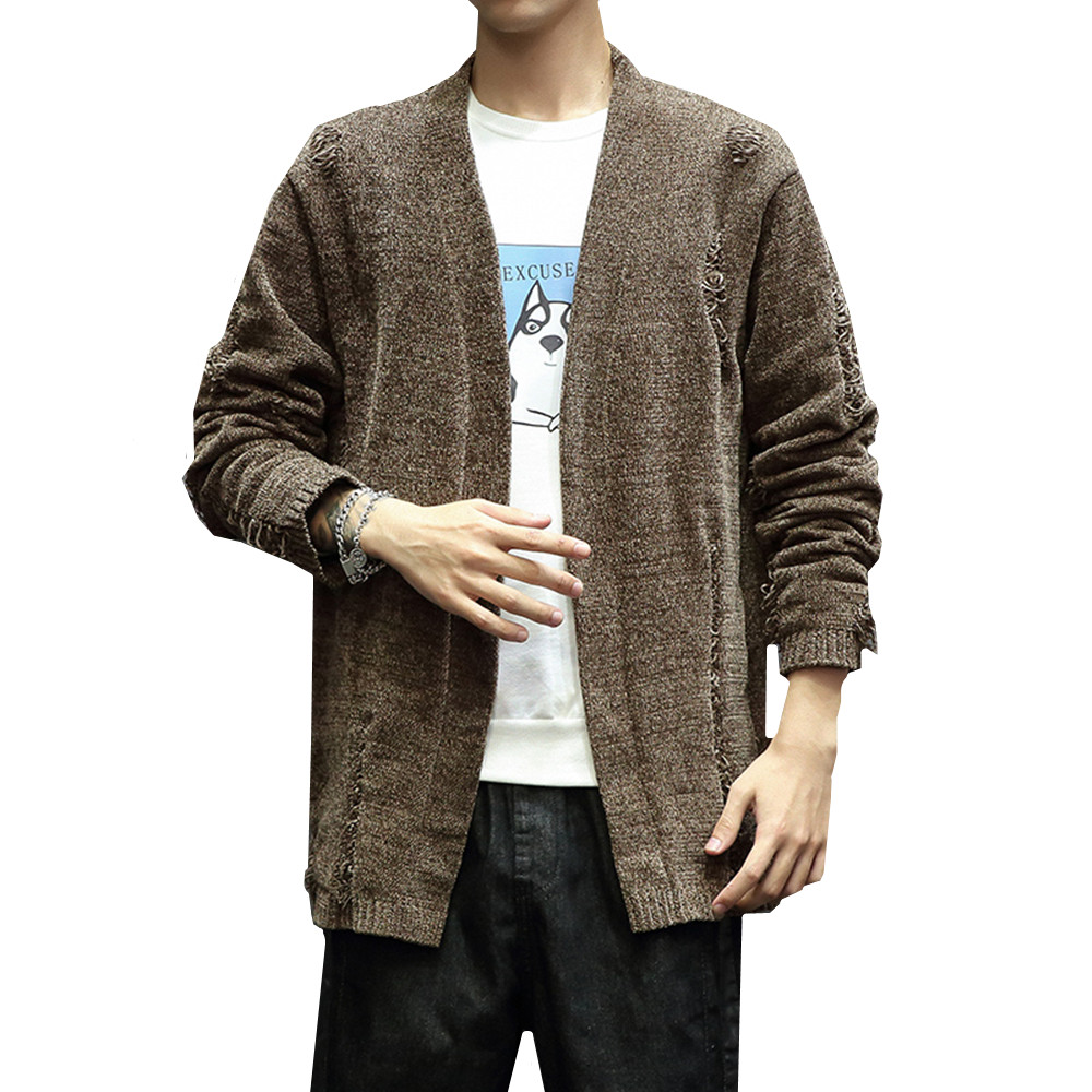 

2019 New Youth Men's Sweater Tops Spring Autumn Solid Color Bottoming Korean Long-sleeved Male Slim Long Cardigan Sweater Coat, Black