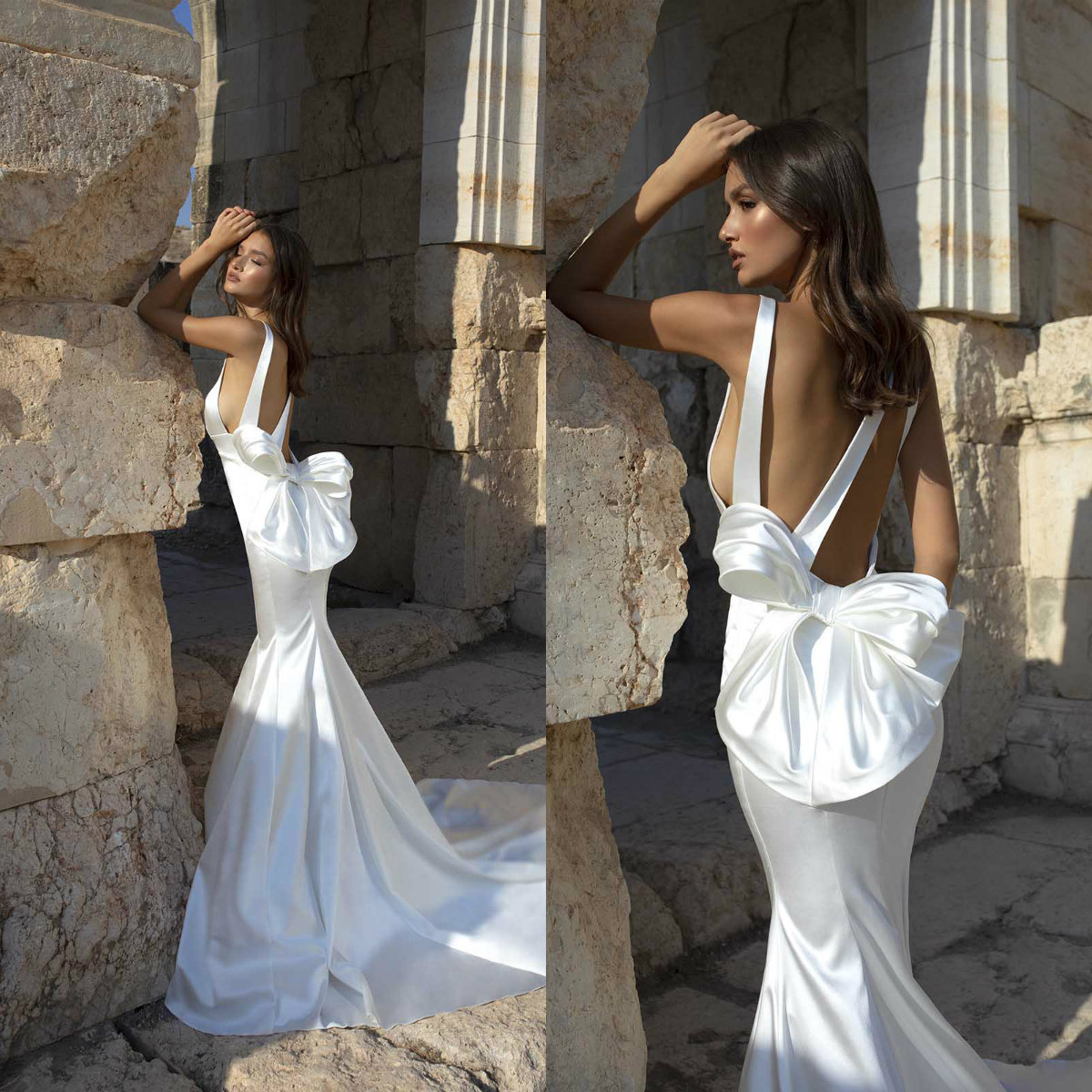 

2020 Dreamy Mermaid Wedding Dresses Bow Sleeveless Satin Wedding Dress Sweep Train Vestidos De Novia, Hunter green