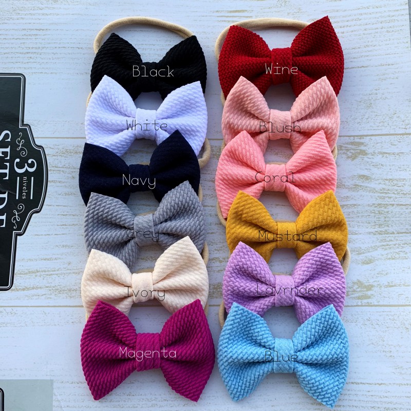 

3.5inch Fabric Hair Bow Nylon Headband Waffle Bow Headband For Baby Girls Infant Hair Accessory 12pcs/lot, Slivery;white