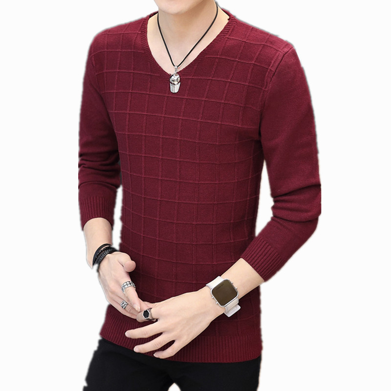 

Sweater Men Long Sleeve Square Pattern Pullovers Outwear Man V-Neck Sweaters Tops Youth Solid Fit Knitting Clothing, Beige