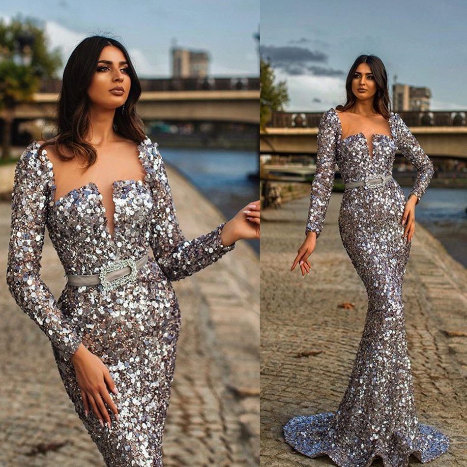 

Sexy Mermaid Evening Dresses Art Deco Inspried Neck Long Sleeve Sash Sequins Tulle Prom Dresses Sweep Train Formal Dresses, Royal blue