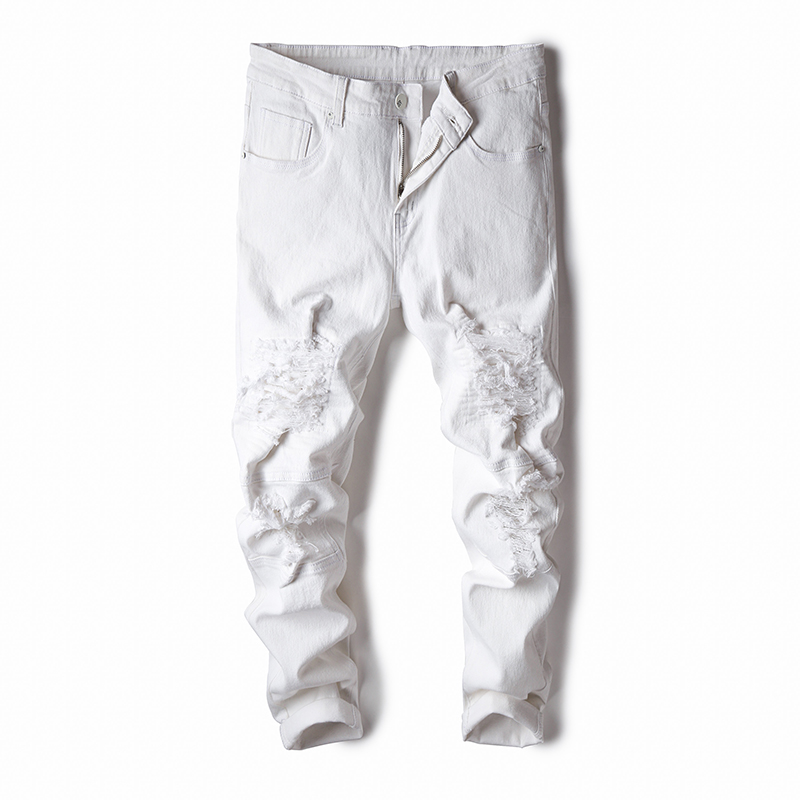 

2020 Fashion Men's Jogger Jeans Black White Color Streetwear Punk Pants Hip Hop Hole Jeans Men Slim Fit Cargo Pants Homme