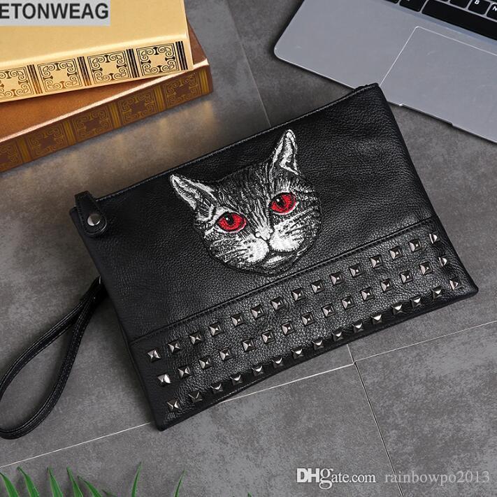 

Factory wholesale men bag large capacity rivets shoulder bags street fashion embroidery leather hand holding handbag, Black(boutique box)
