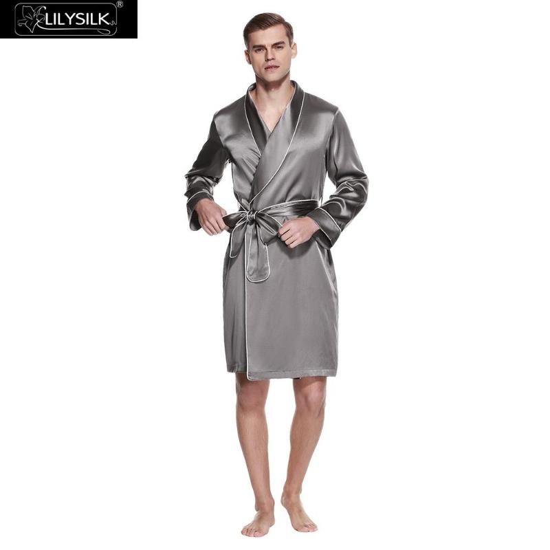 

LilySilk Silk Robe Sleepwear Men Pure Silk Luxury Natural Splendid With Contrast Piping 22 momme Men's Clothing Free Shipping, Black