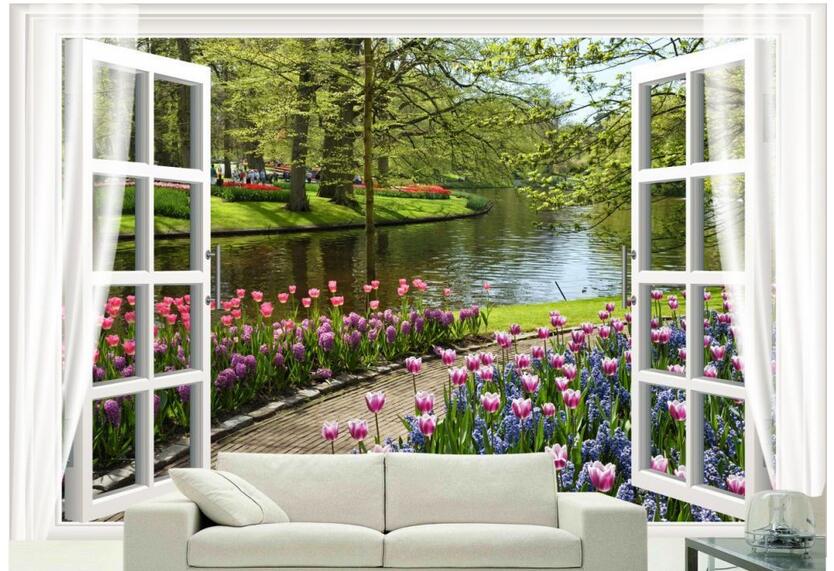 

WDBH 3d room wallpaper custom photo Flowers and river scenery outside the window decor living room 3d wall murals wallpaper for walls 3 d, Non-woven